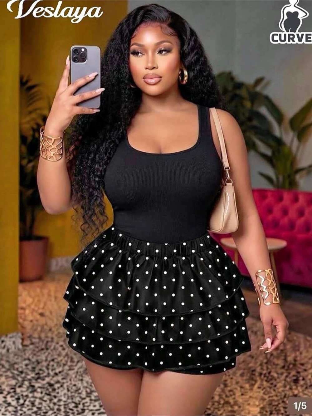 Veslaya Casual Minimalist Vintage Black Polka Dot Plus Size Women 2 Pieces skort